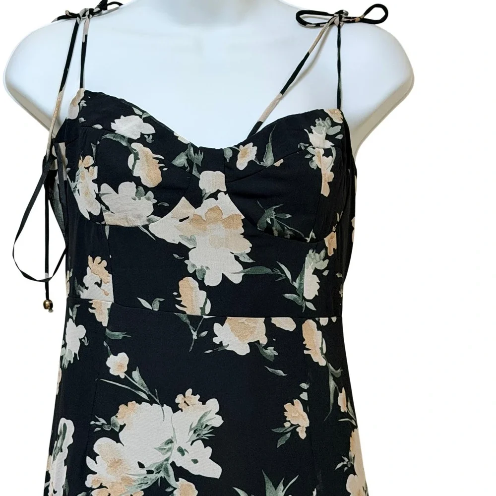 Petal‎ + Pup Womens Black Floral Sweetheart Tie Strap Midi Dress Slit US 12 NEW